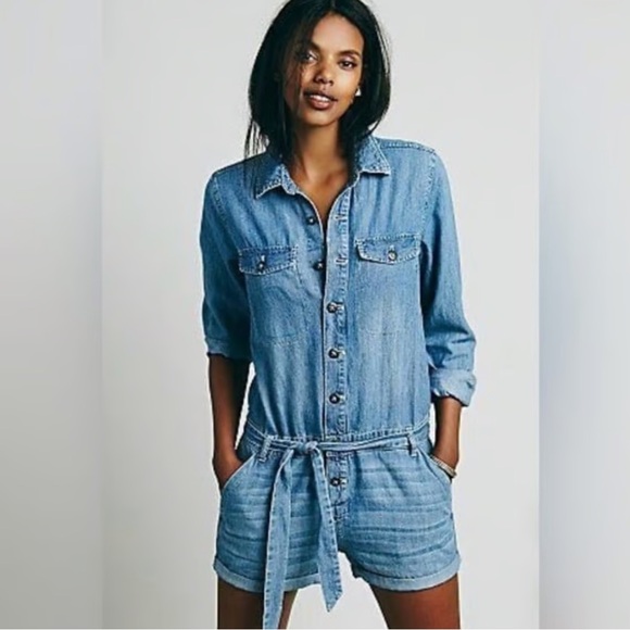 Free People Pants - Free People Chambray Denim Shorts Romper Jumpsuit M